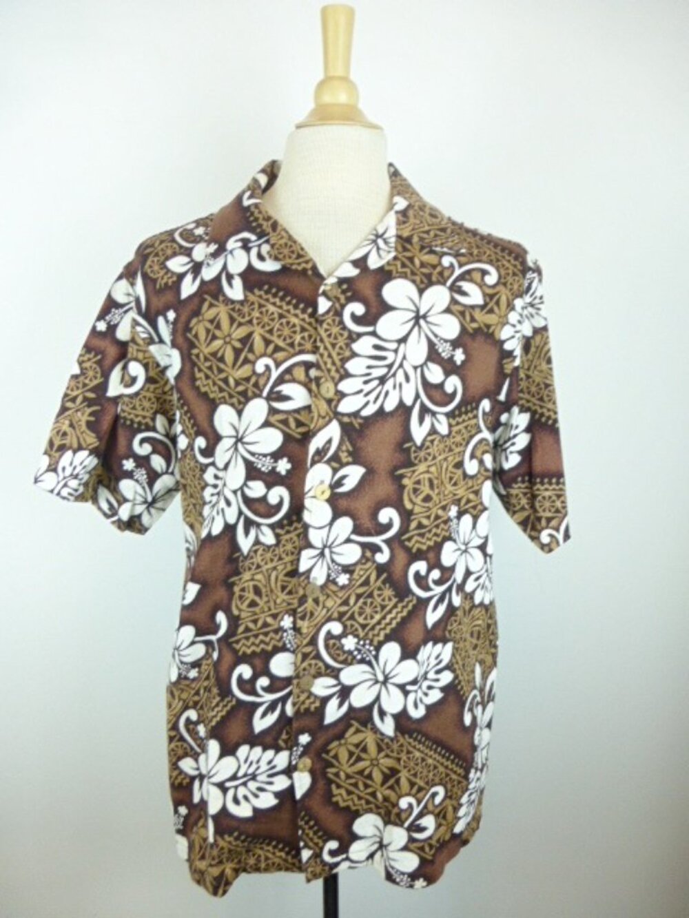 Vintage Bullhead barkcloth Hawaiian brown white floral aloha print shirt L